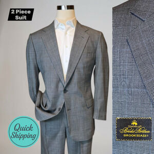 Brooks Brothers Brooksease 43R 38x28 Gray Blue Glen Plaid Suit Short Arms